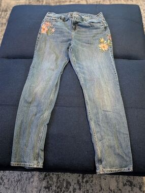 Women's Blue Denim Jeans with Multicolor Floral Embroidery, Size2